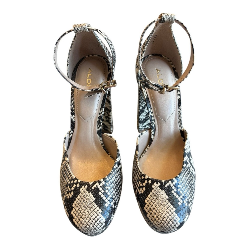 Aldo Pumps Womens 6‎ Black White Snakeskin Block Heels Round Toe Ankle Strap - Picture 2 of 12